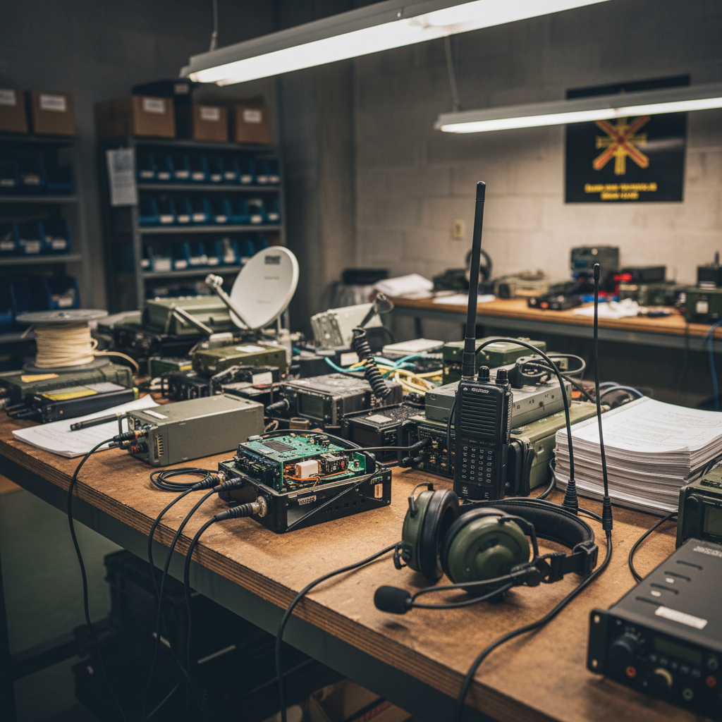 Military communication equipment and radio systems laid out on a workbench in a maintenance facility