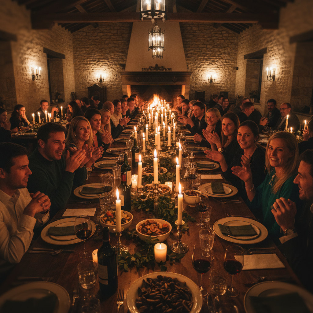 Guests gathered around long table in candlelight mid-conversation