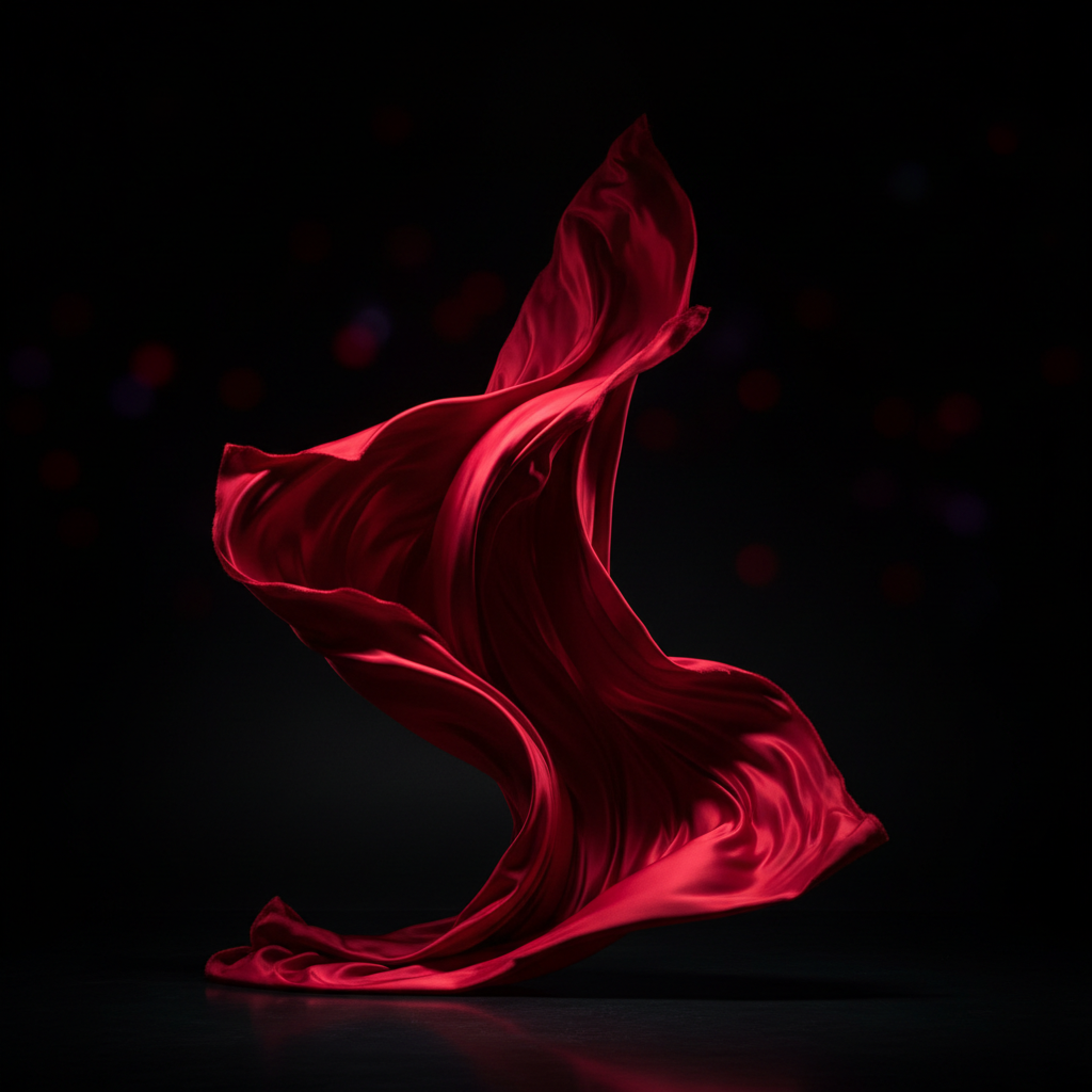 Luxury silk blouse draped elegantly, soft atmospheric studio lighting with dark background