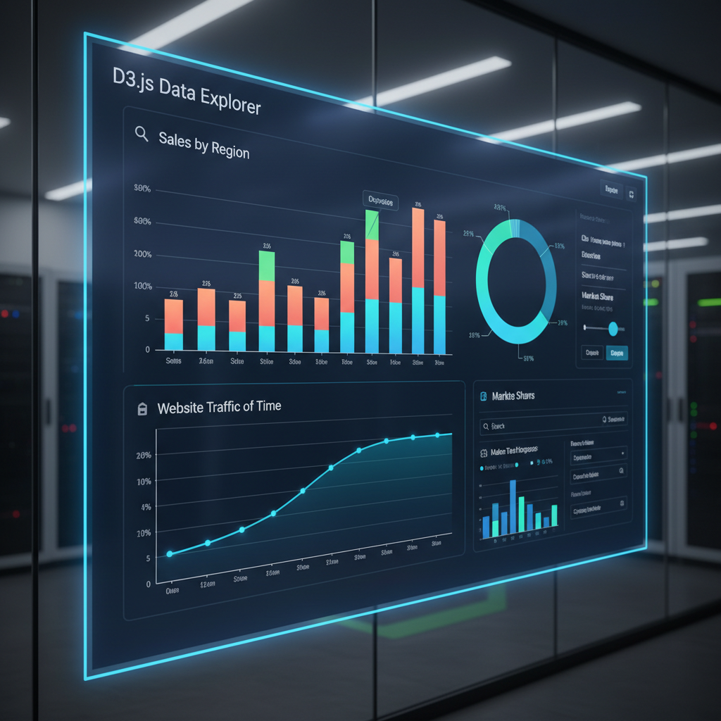 IoT control panel with multiple data streams, server room with blue LED lighting