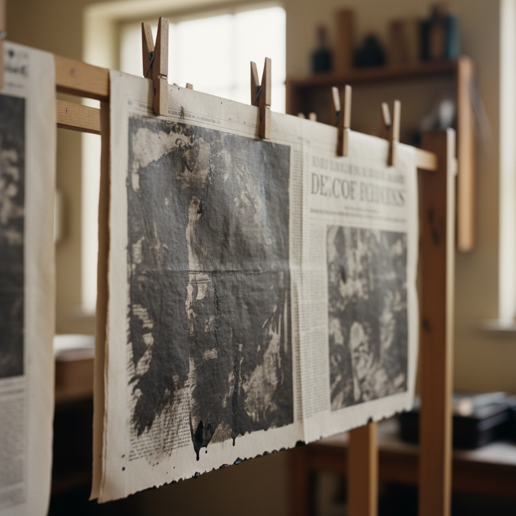 Freshly printed edition hanging on a drying rack with wooden clothespins, lampblack ink still wet, studio background soft