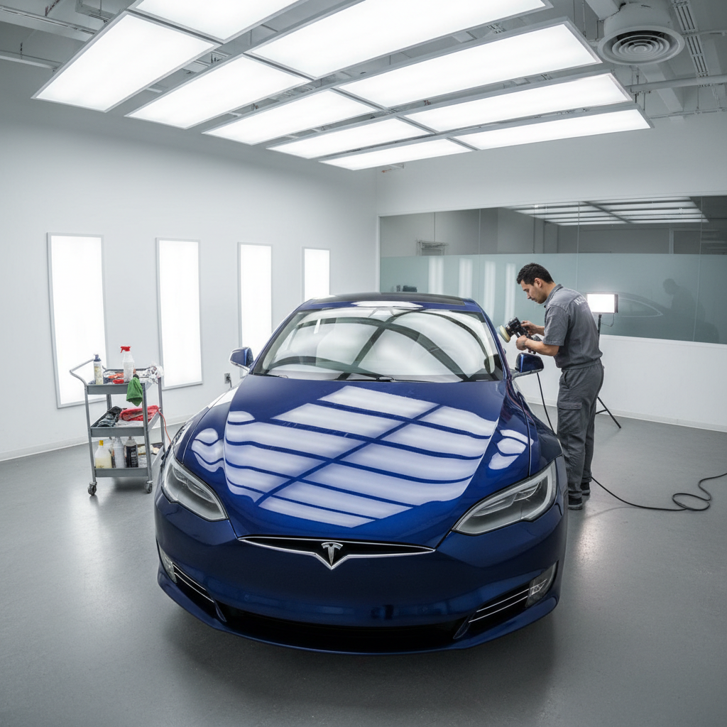 Tesla Model S with British Racing Green Color PPF transformation, dramatic studio lighting, luxury automotive photography