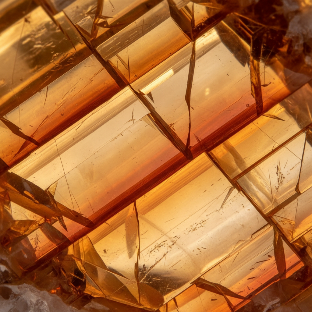 Extreme macro of mineral crystal cross-section showing geometric cleavage planes and translucent layers in warm amber tones