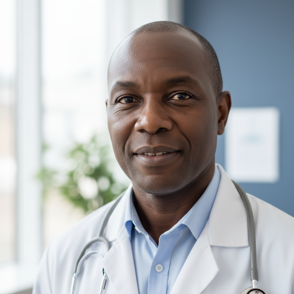 Professional headshot of African male environmental compliance officer in formal attire, scholarly appearance