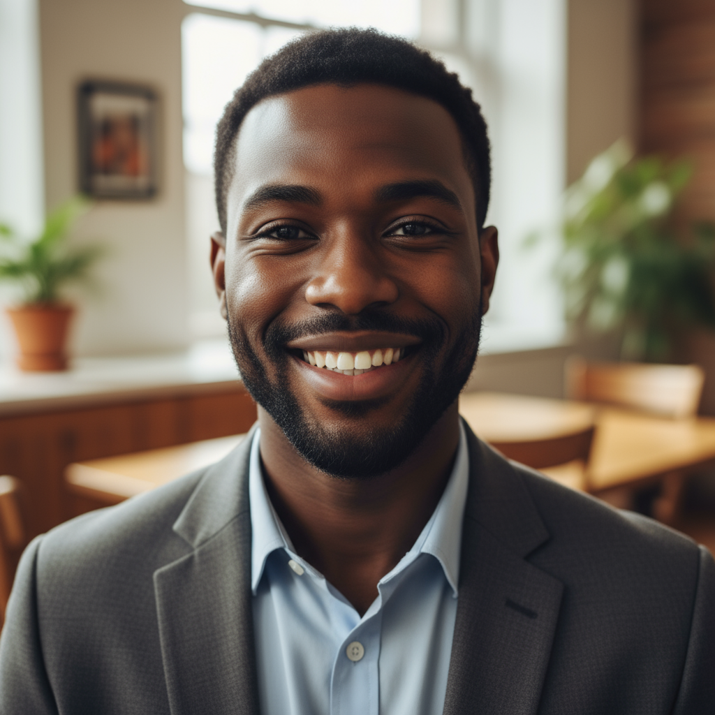 Professional headshot of Marcus, a young Black man in business casual attire, smiling confidently