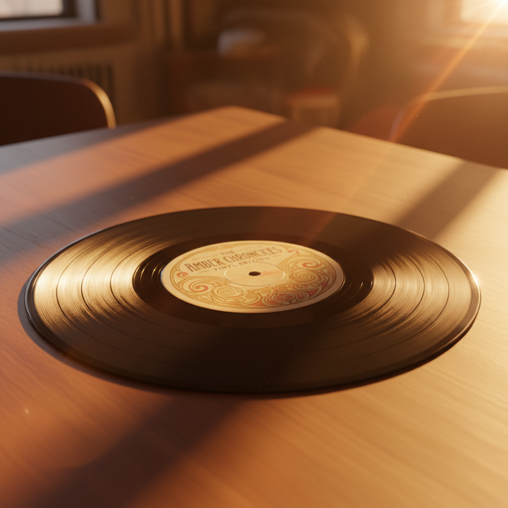 Vintage vinyl record on warm-lit wooden surface, golden afternoon light