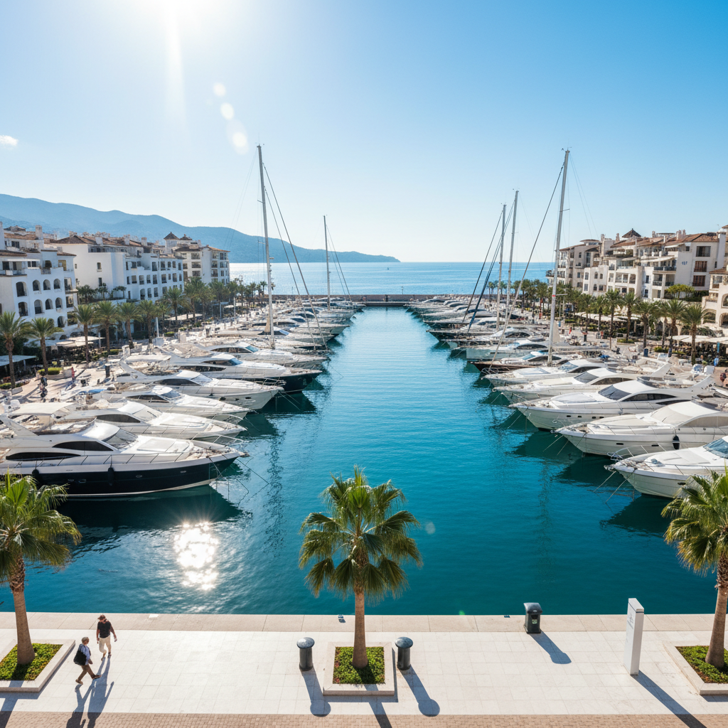 Aerial view of Newport Beach marina with dozens of luxury yachts moored in calm blue water, bright midday light
