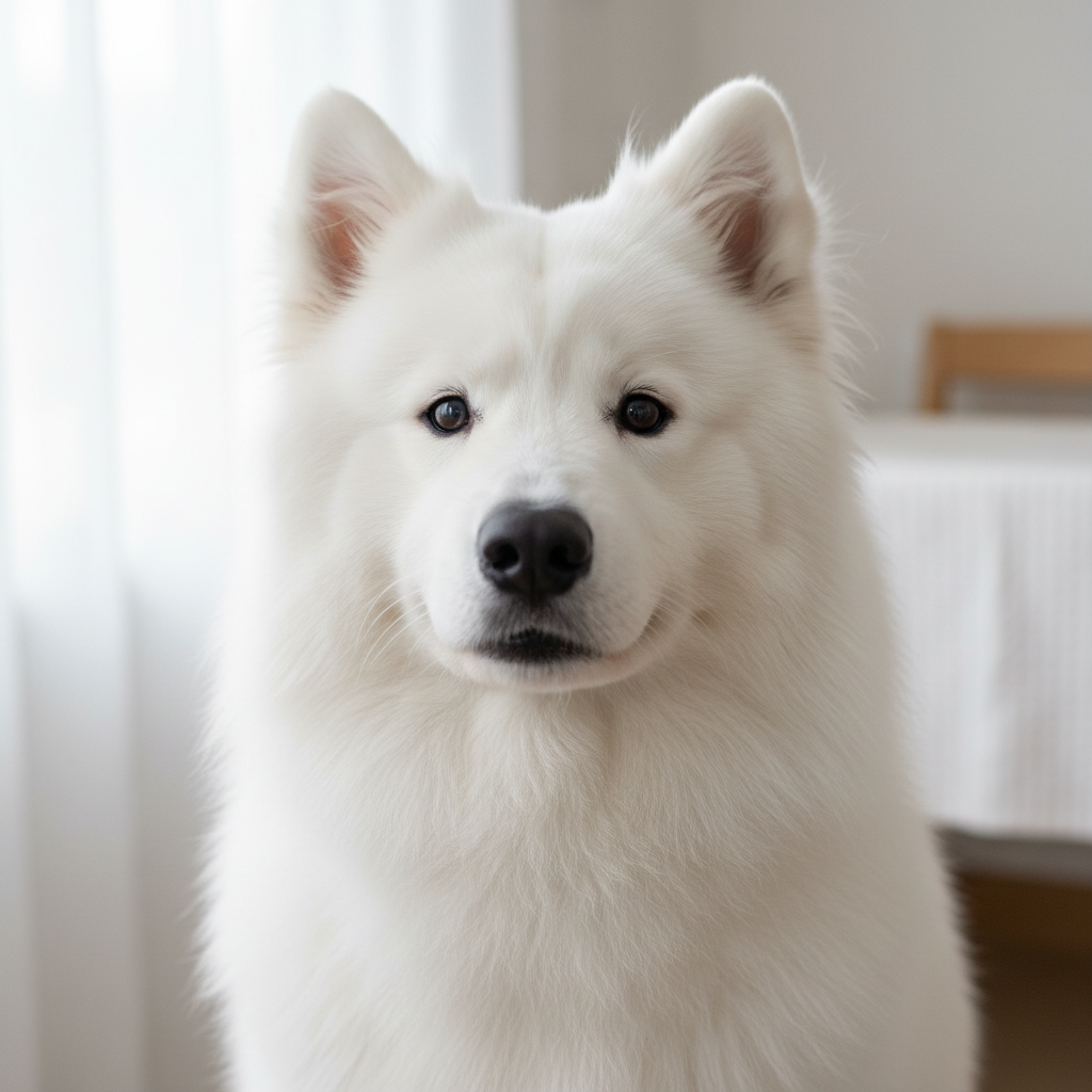 White fluffy Samoyed with pristine natural double coat after professional blow-out grooming