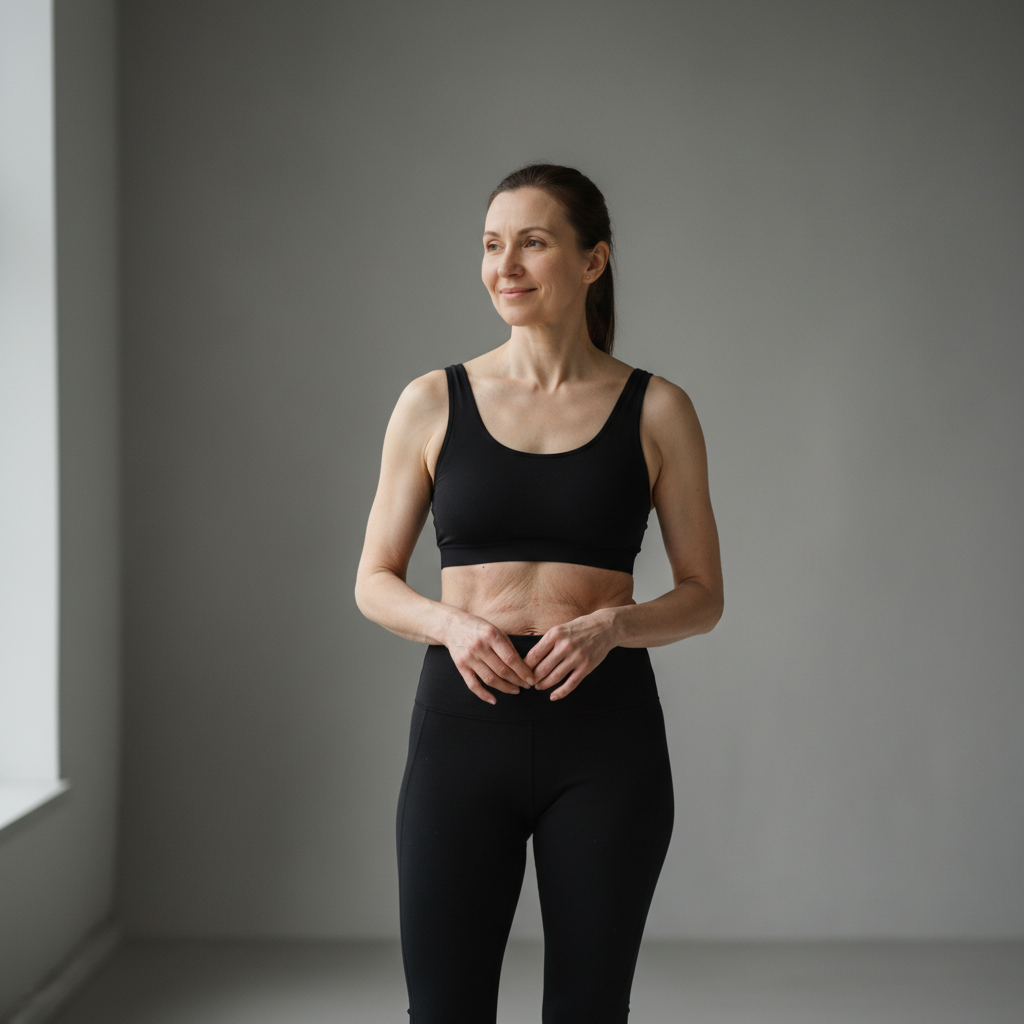 Smiling woman with blonde hair in athletic wear at gym