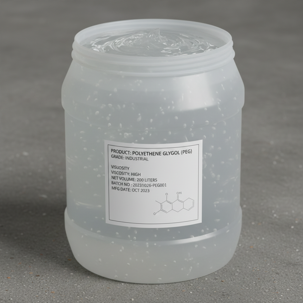 Clear chemical liquid in industrial drum with hazmat labeling in chemical warehouse