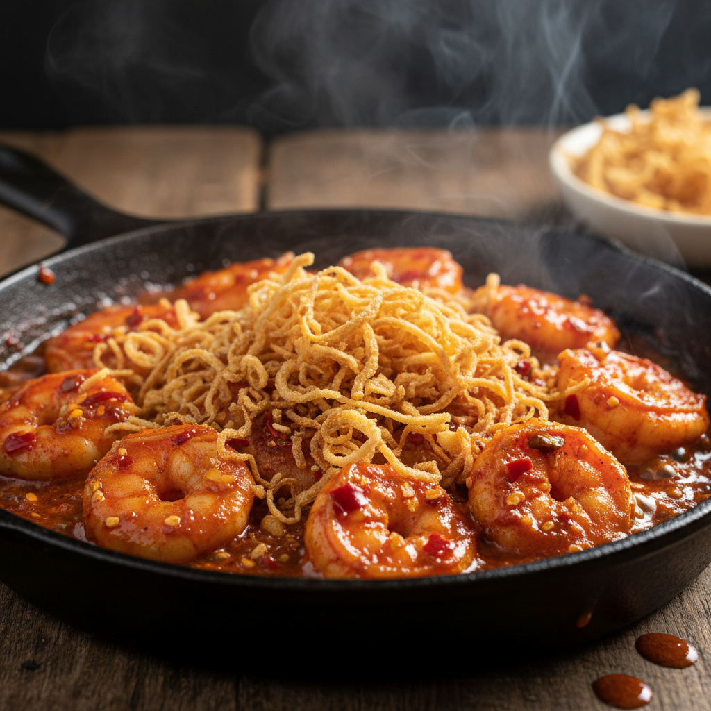 Sizzling devilled shrimp in iron pan with red chilli sauce and crispy onions