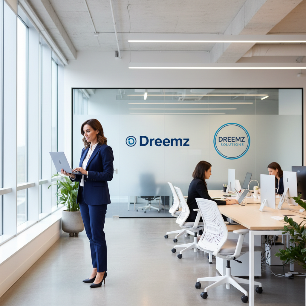 Business person working on laptop in bright open office with large windows and natural light