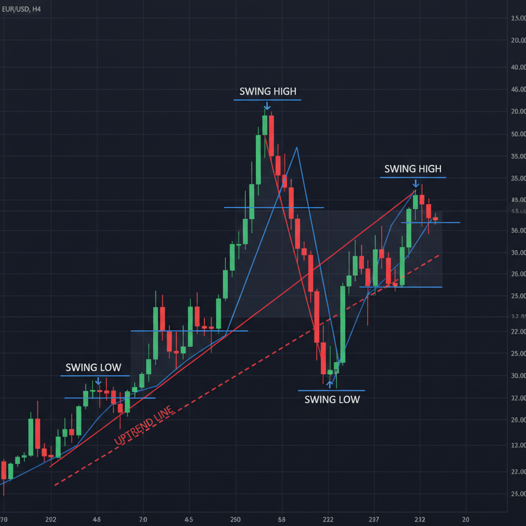 Forex chart with market structure labeled showing higher highs, lower lows and break of structure in dark mode