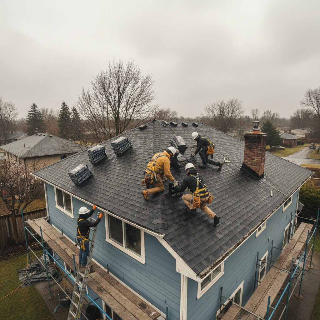 Roof edge metal flashing and coping installation on residential building, clean sky background, bright overcast daylight