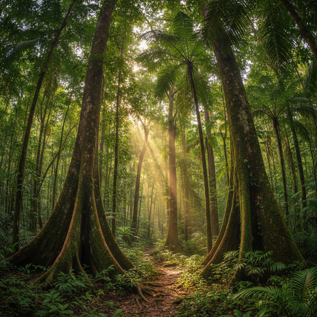 Costa Rican rainforest seen from below — shafts of sunlight through dense green canopy, extraordinary biodiversity, clean air and ancient trees