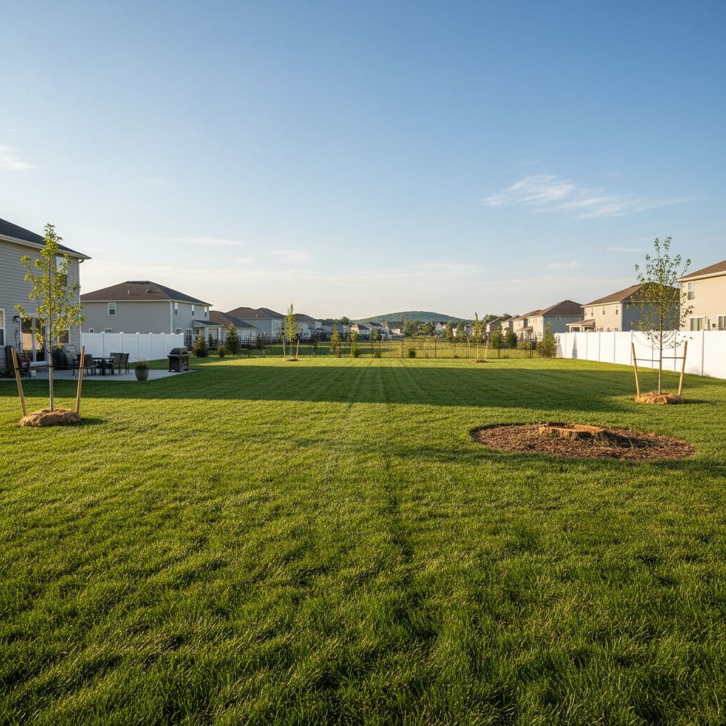 Clean residential yard with clear sight lines after professional tree removal, lawn raked smooth