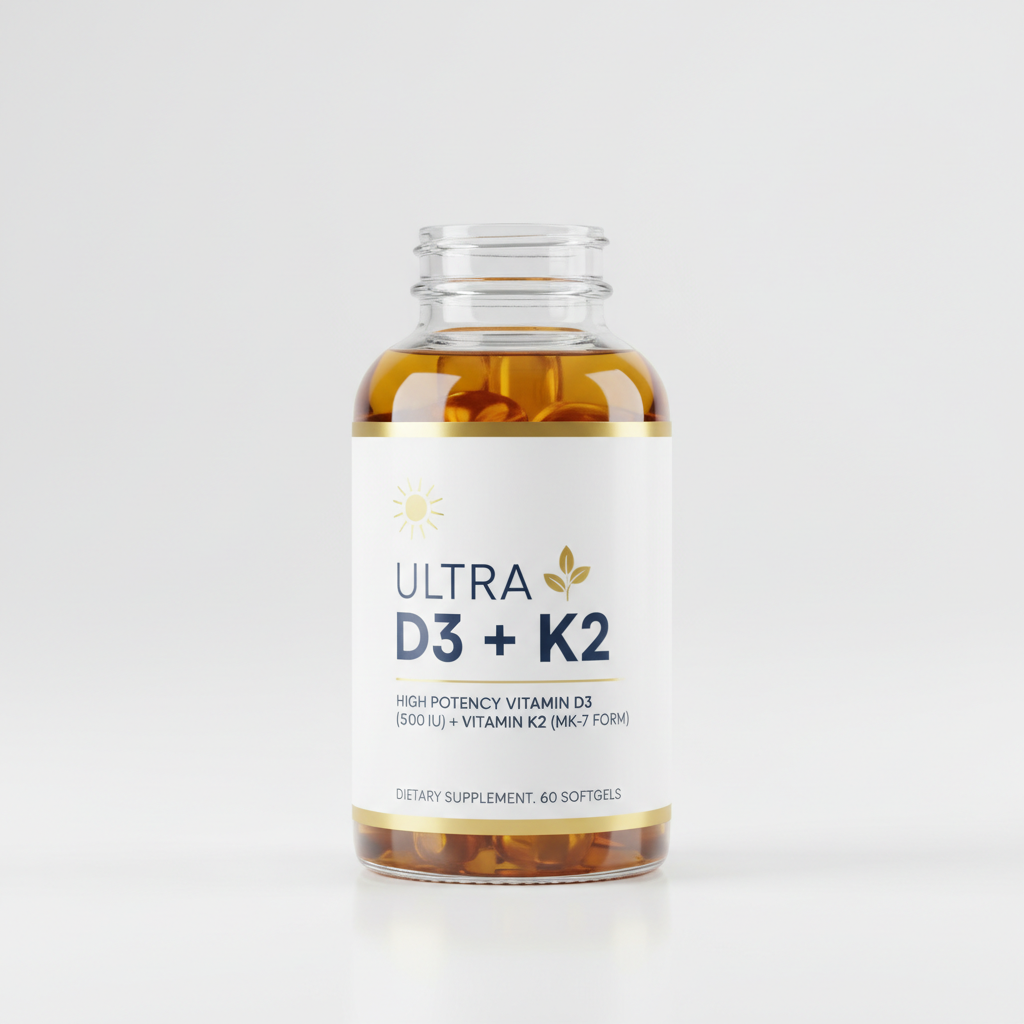 Vitamin D3 + K2 Supplement product photo on clean neutral background