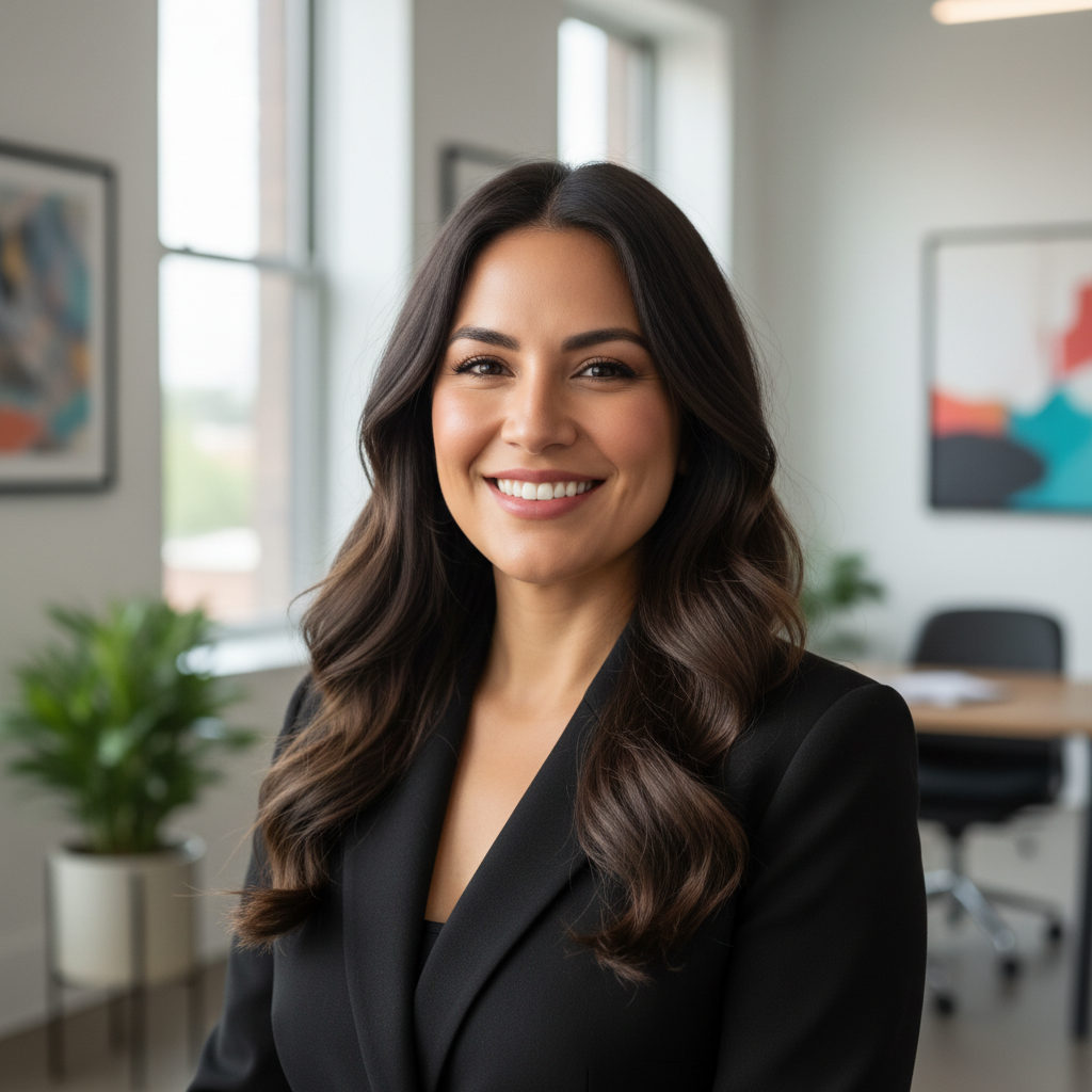Professional woman with long dark hair smiling at camera in modern office setting