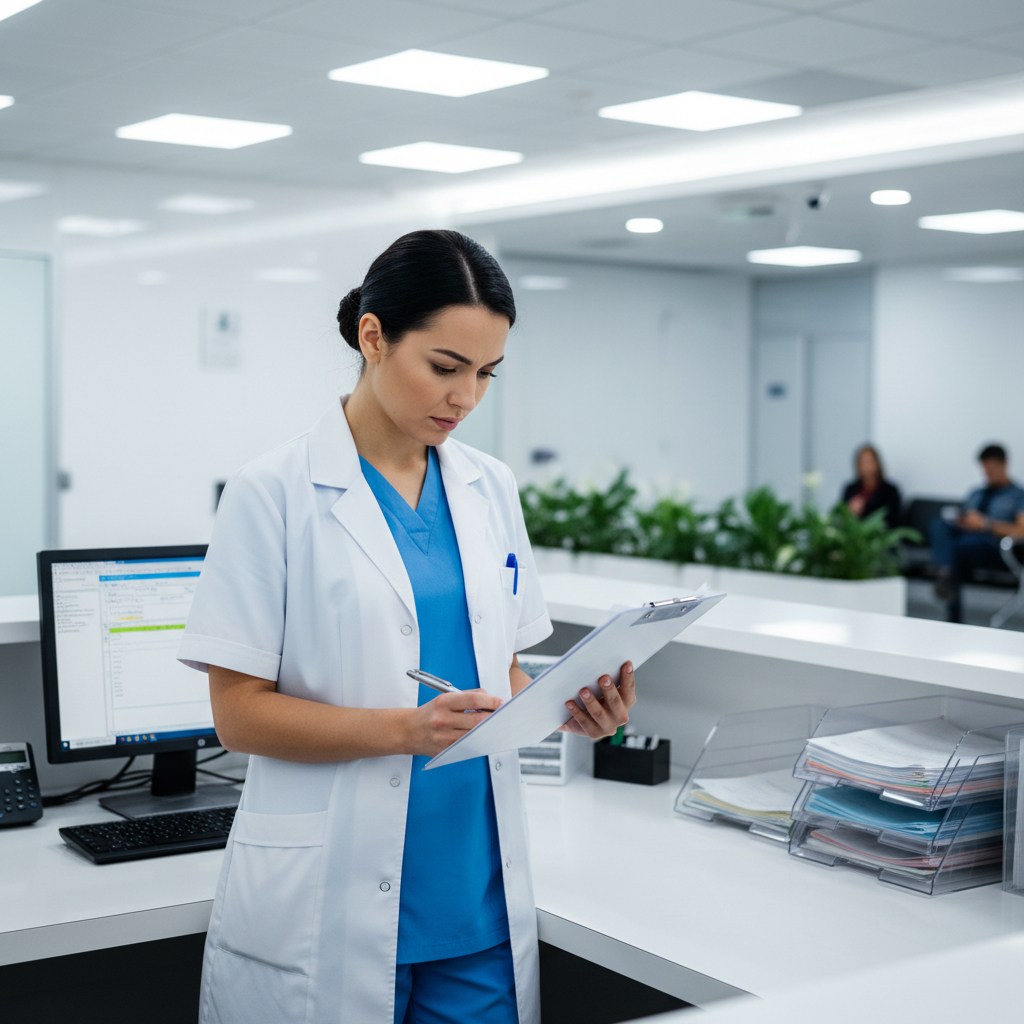 Patient registration specialist warmly greeting and assisting a new patient with intake paperwork at a healthcare reception desk