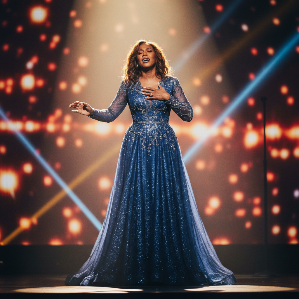 Ingabire Claire in blue evening gown performing on stage