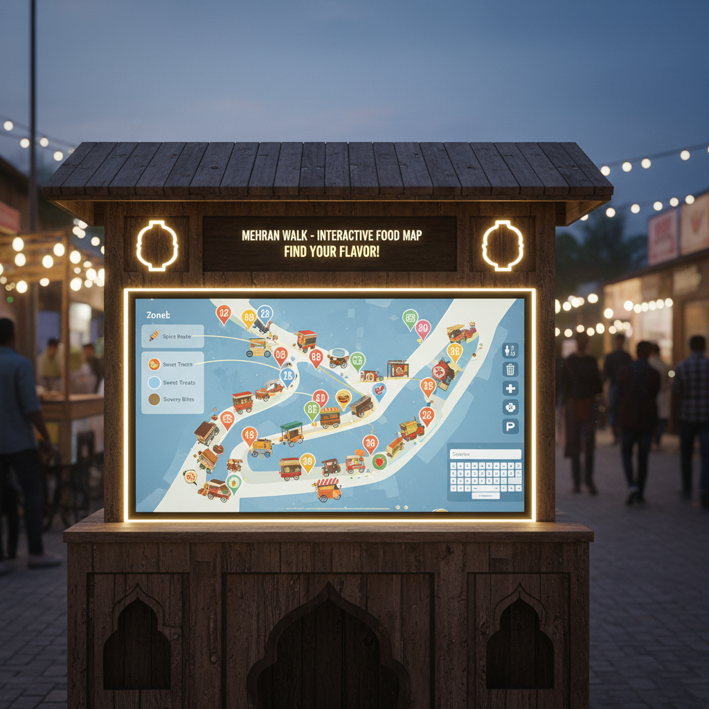 Interactive map of Mehran Walk food street showing vendor locations, zones, and facilities