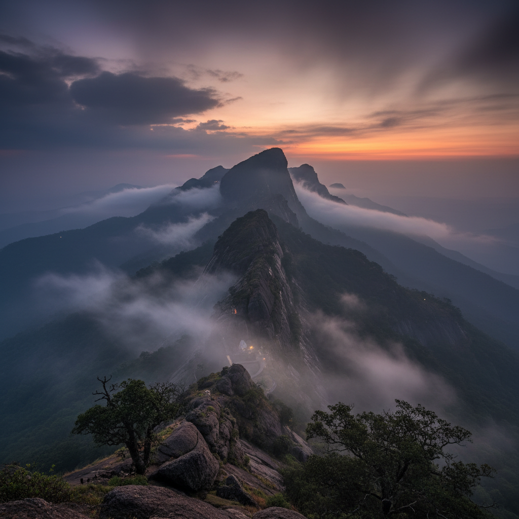Baba Budangiri mountain - ancient misty mountain range at dusk with dark atmospheric haze and sacred significance