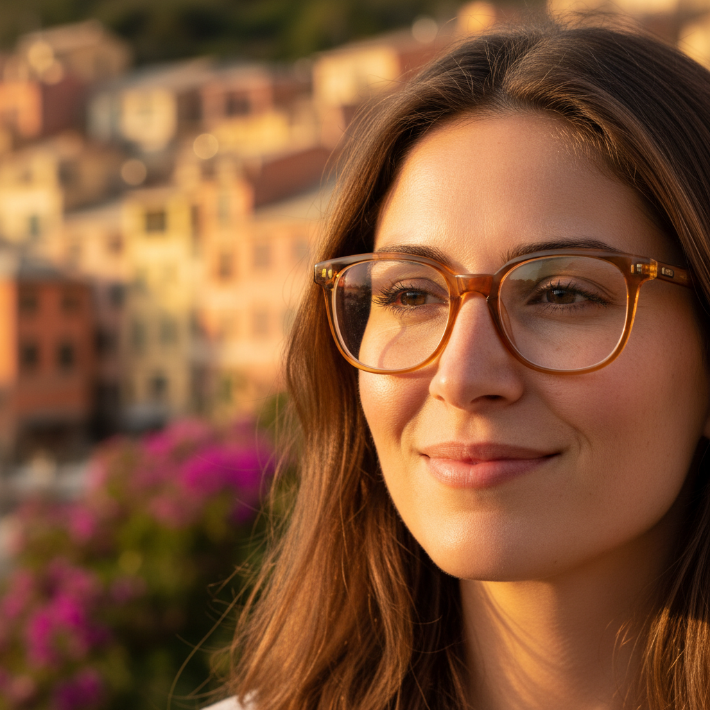 Woman wearing Cinque Terre amber frames, golden afternoon light