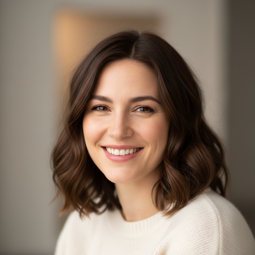 Professional headshot of Sarah Johnson, a woman with long brown hair wearing a navy blue blazer smiling at camera