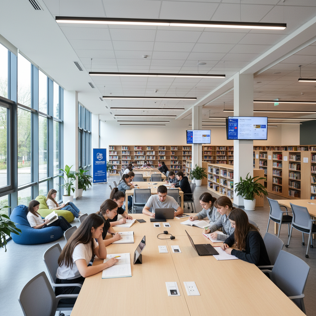 International students studying together in a bright modern university library, warm natural light, open airy space