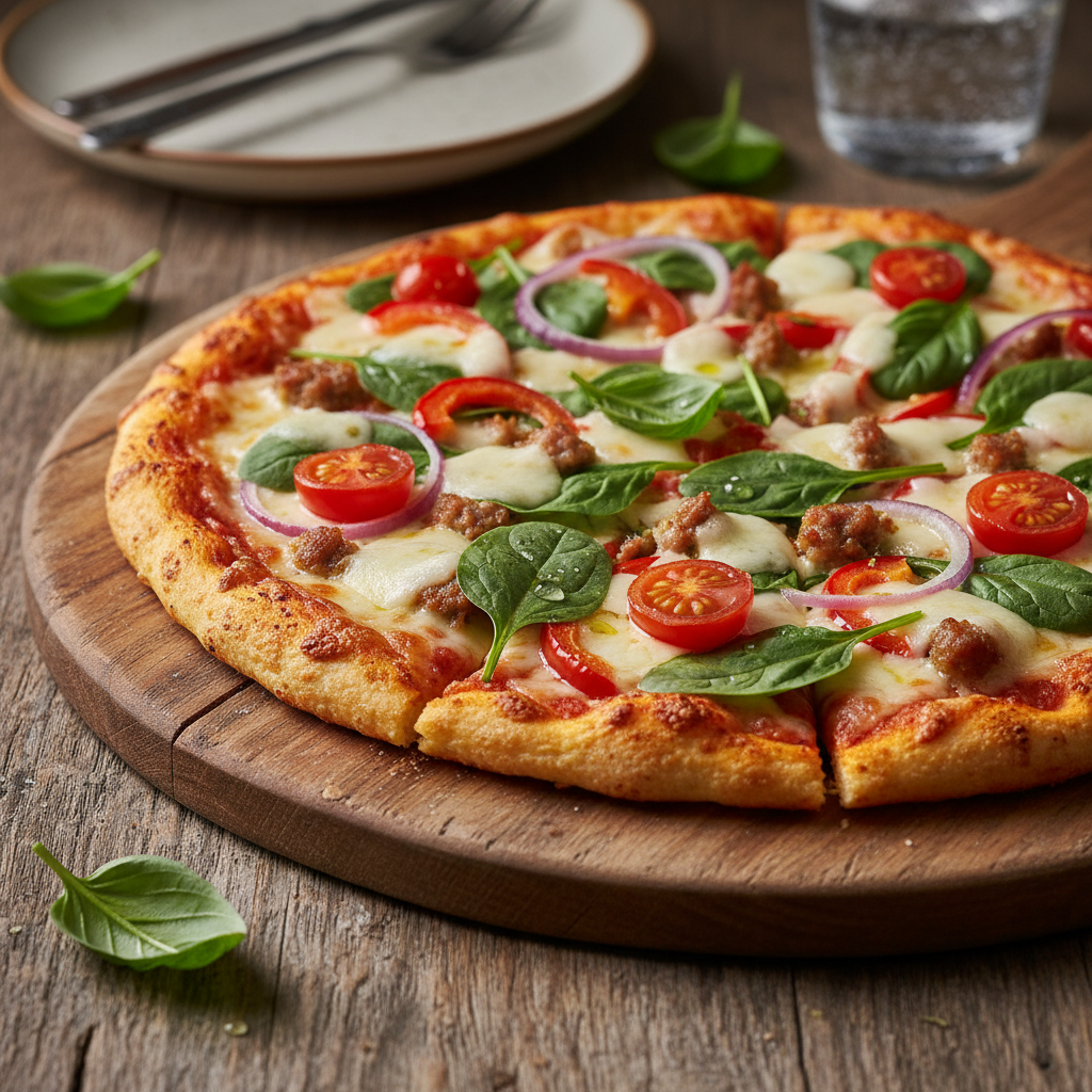 Freshly baked wood-fired pizza with golden crust, melted mozzarella, and colorful toppings on a dark stone board
