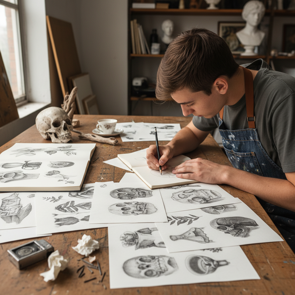Student making careful observational pencil drawings of objects arranged on a table, charcoal marks visible