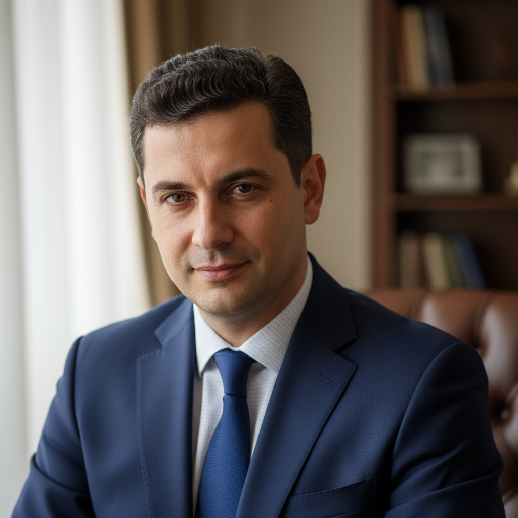 Professional headshot of young Romanian entrepreneur with short dark hair, neutral studio background