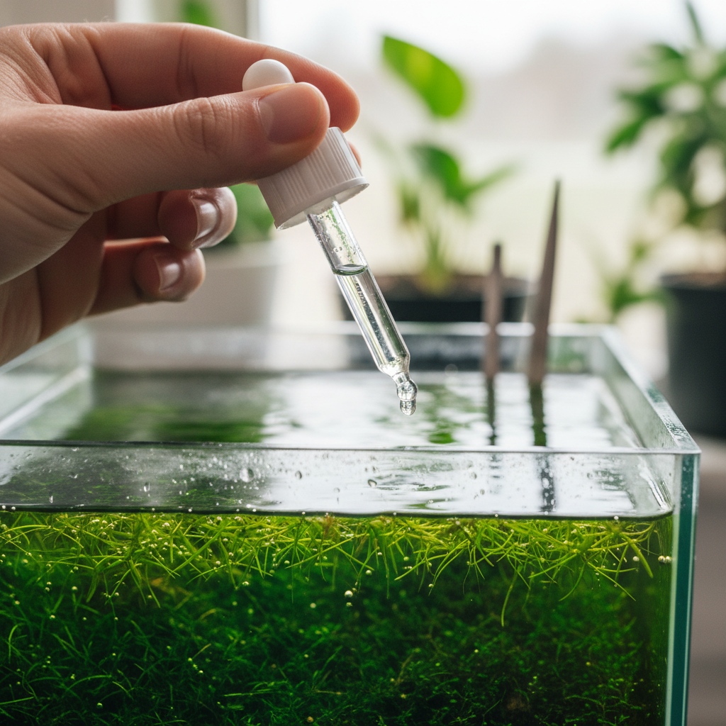Hand steadying a dropper bottle over a planted aquarium tank rim