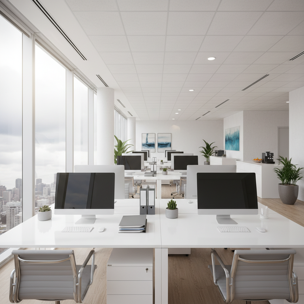 Well-organized modern office space with clean desk setups and professional equipment