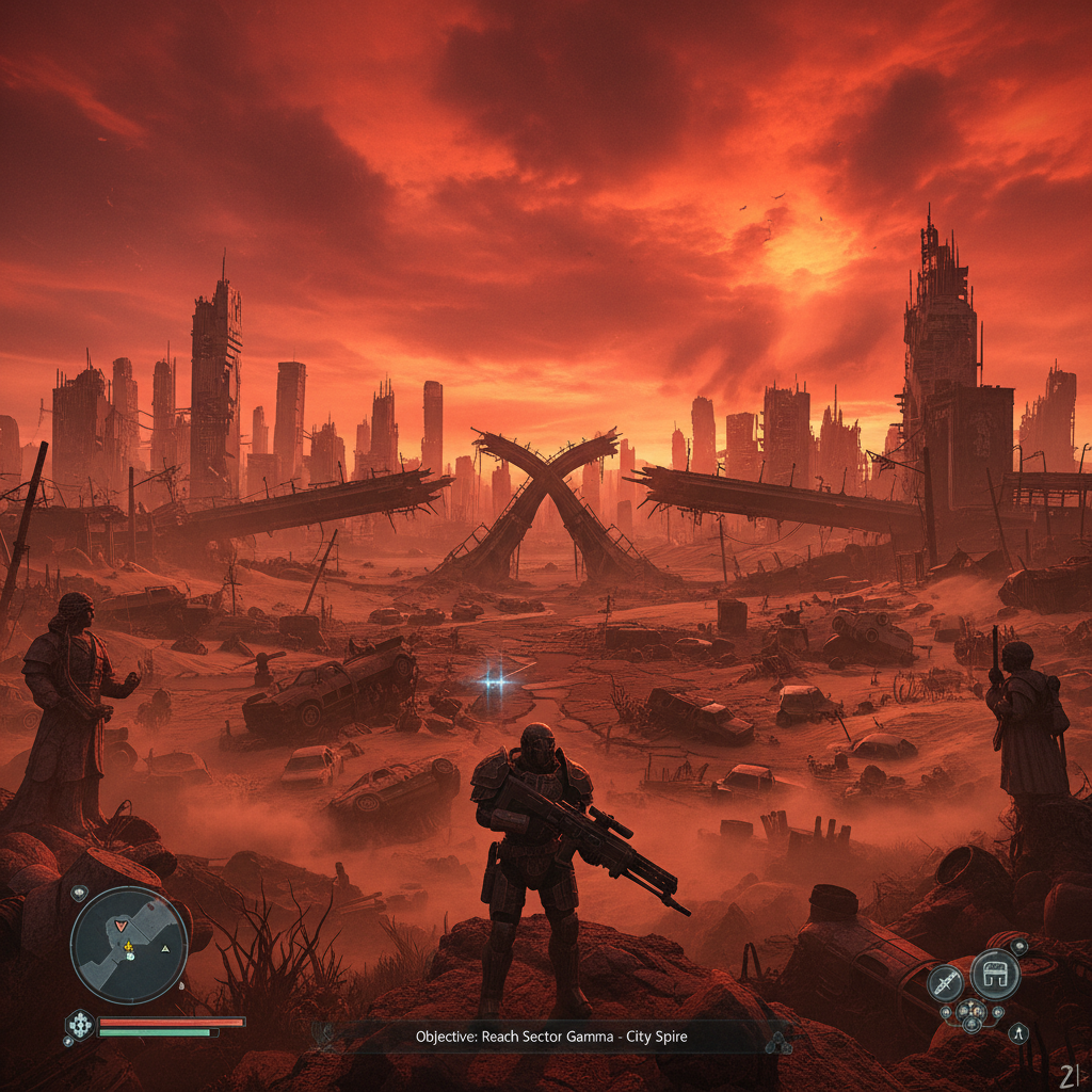 Dark apocalyptic cityscape with crumbling stone walls and towers silhouetted against stormy red sky