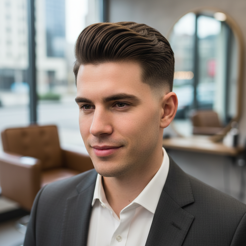After: Man with sharp clean precision haircut in a dark atmospheric professional barbershop