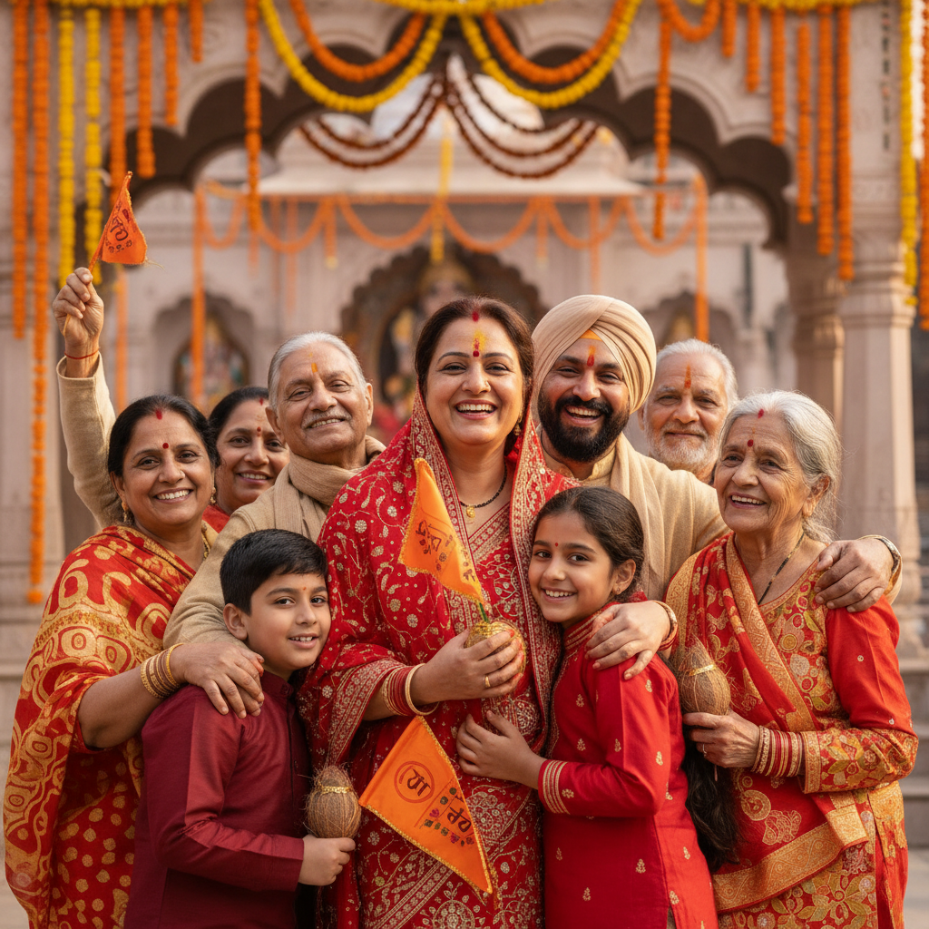 Happy Indian family smiling together in bright outdoor setting, warm sunlight, cheerful expressions