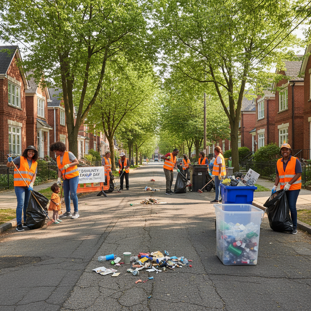 Community members participating in outdoor clean-up exercise clearing gutters and sweeping streets in urban area