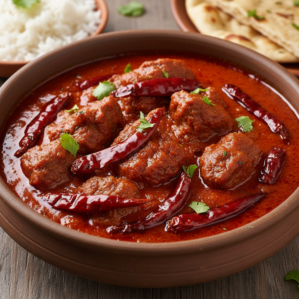 Laal maas — brilliant red mutton curry with whole dried mathania chilies visible in the gravy, oil pooling at edges