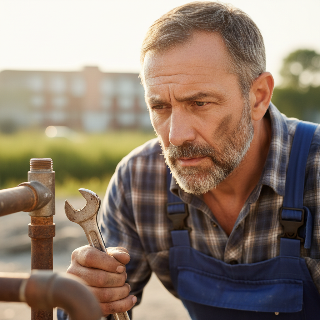 Marcus Webb, independent plumber, professional portrait outdoors