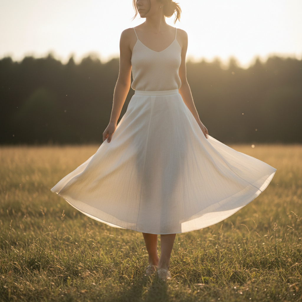 Woman in flowing chiffon maxi dress in soft blush, outdoor setting