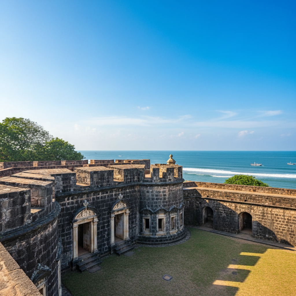 Mannar Fort Sri Lanka, old colonial stone fortress by the sea, dramatic sky, ancient walls and ramparts