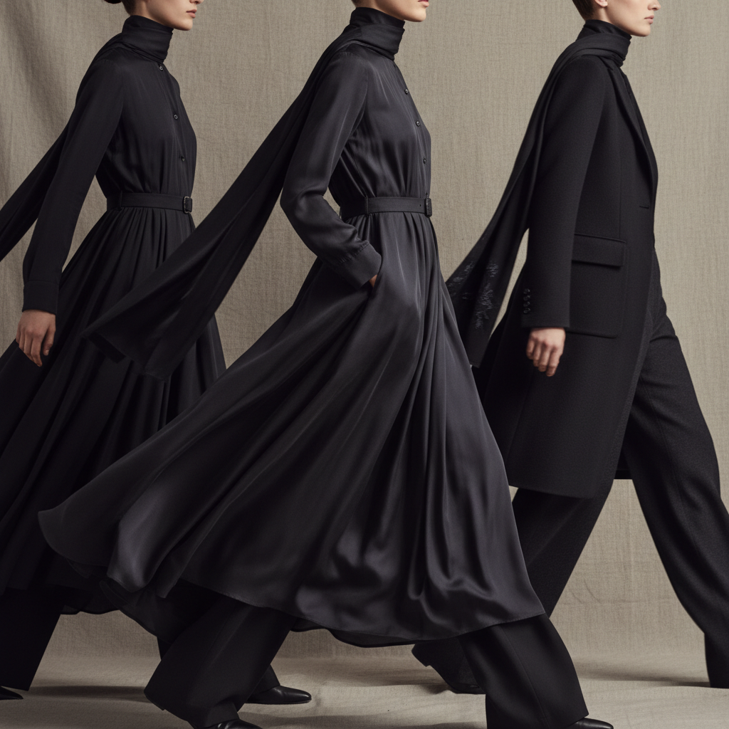 Modelo femenina caminando con vestido negro elegante en pasarela, fondo oscuro