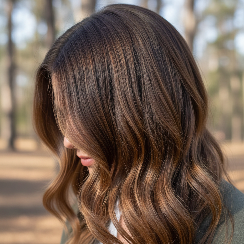 Tonal brunette with depth at roots and softness through the mid-lengths