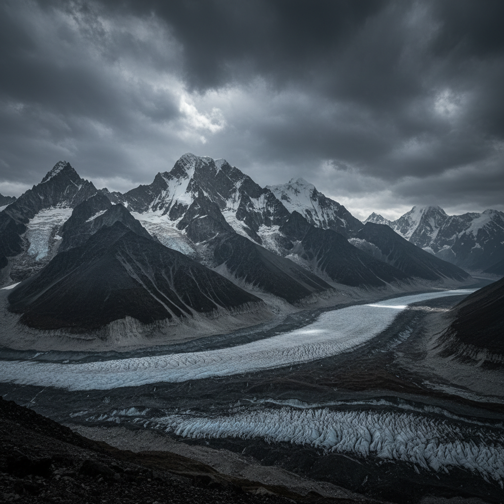 Extreme mountain peaks with sharp ridgelines, snow and rock, dramatic storm clouds, very high altitude