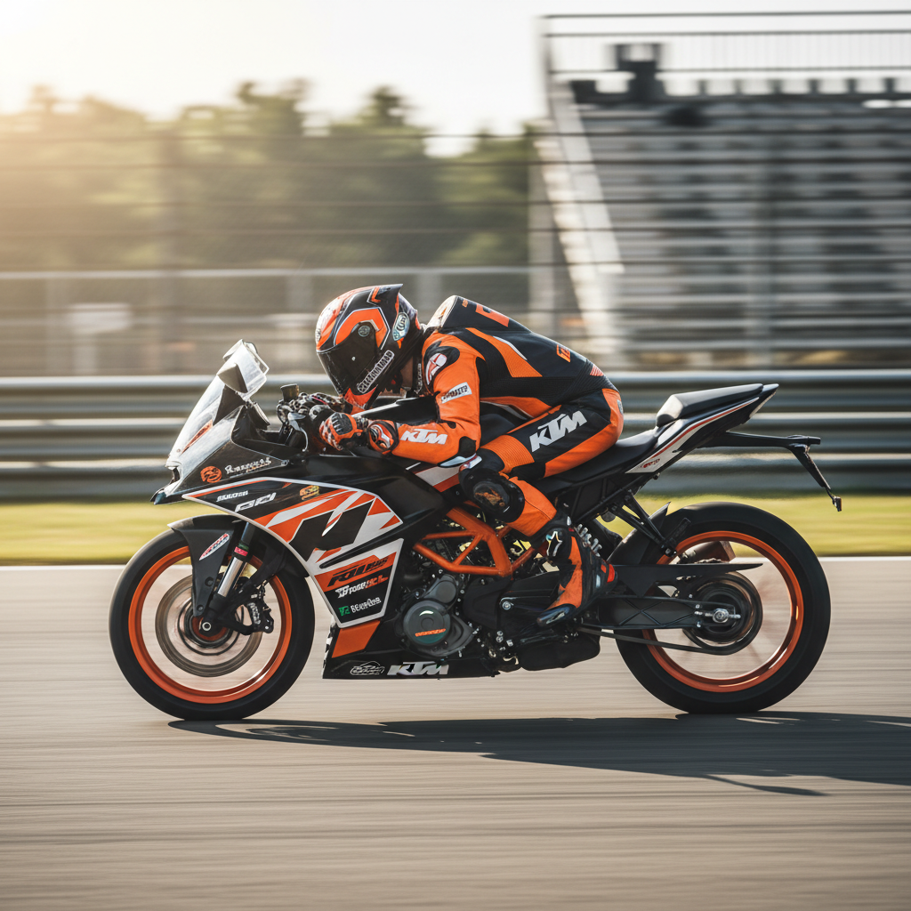 KTM RC 390 en posición de carrera cerrada en pista de competición