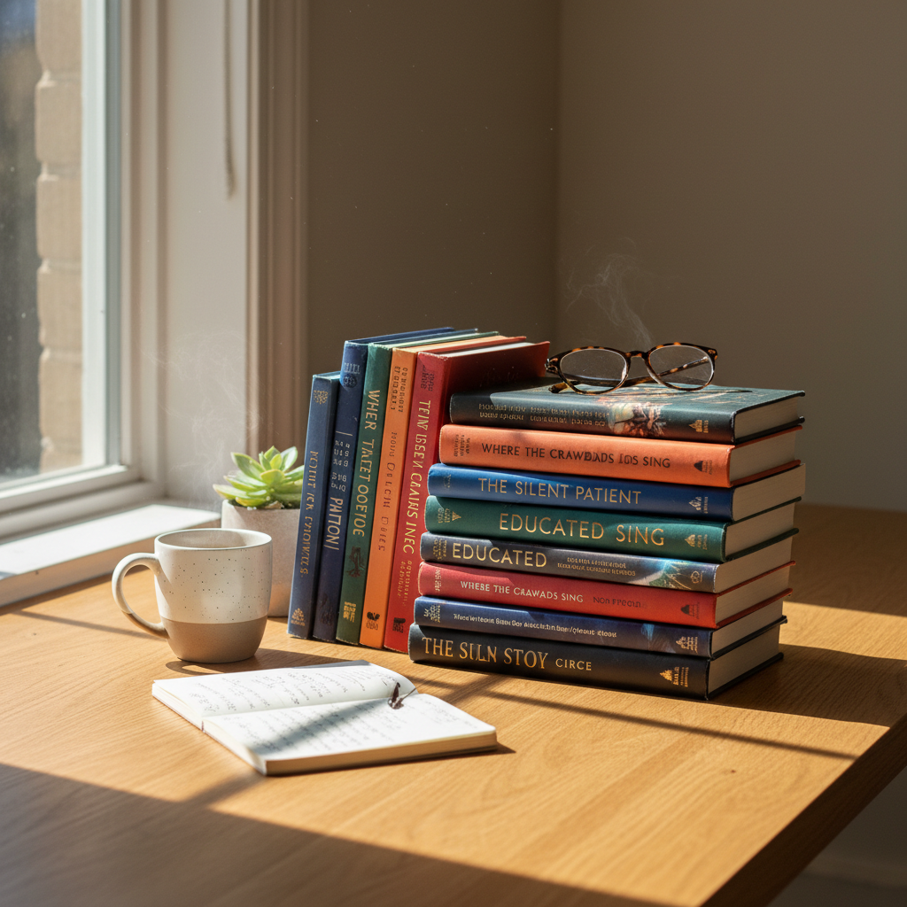 Stack of bestselling books on bright wooden desk in well-lit reading nook