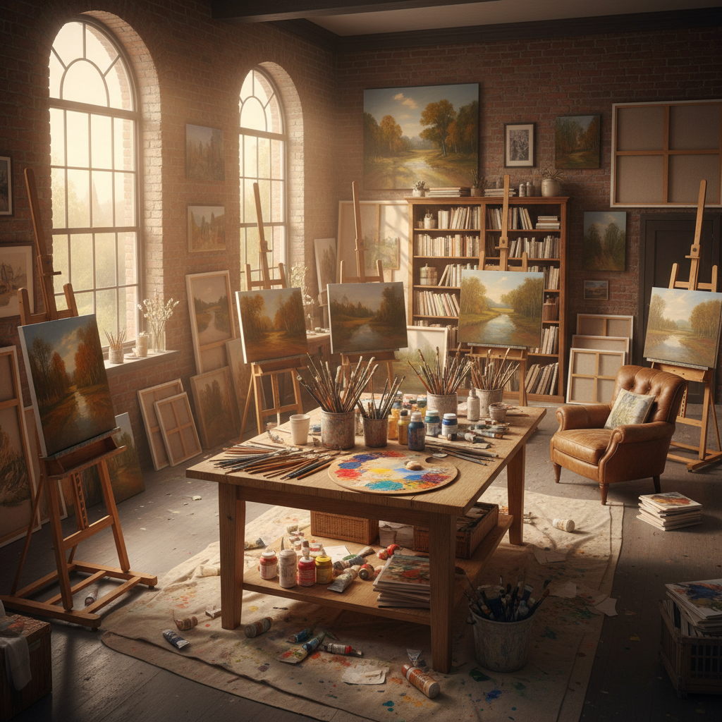Artist studio with large canvas painting, warm golden afternoon light, rich textures in orange and cream, paint palette visible