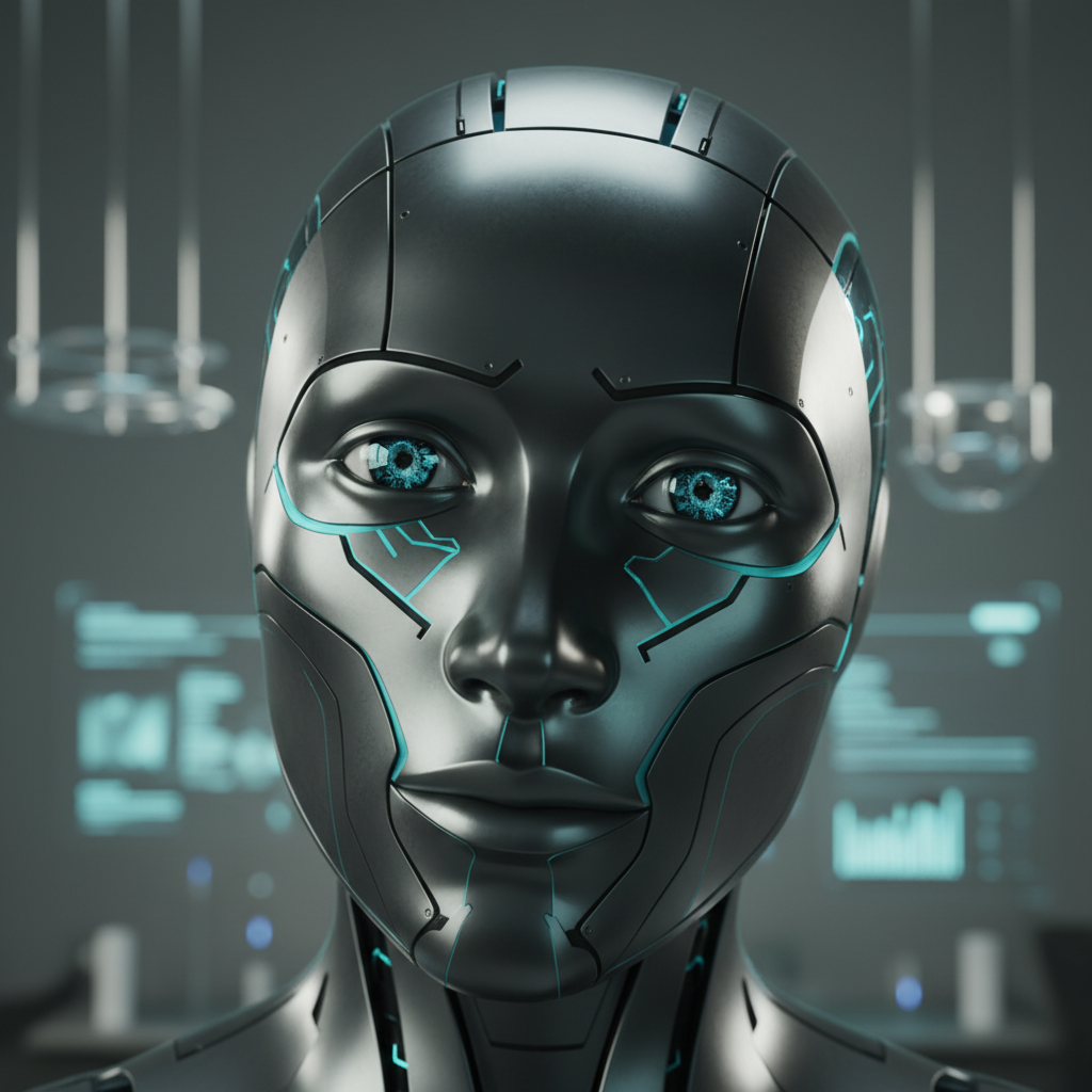Futuristic humanoid android face with glowing blue eyes and metallic chrome skin