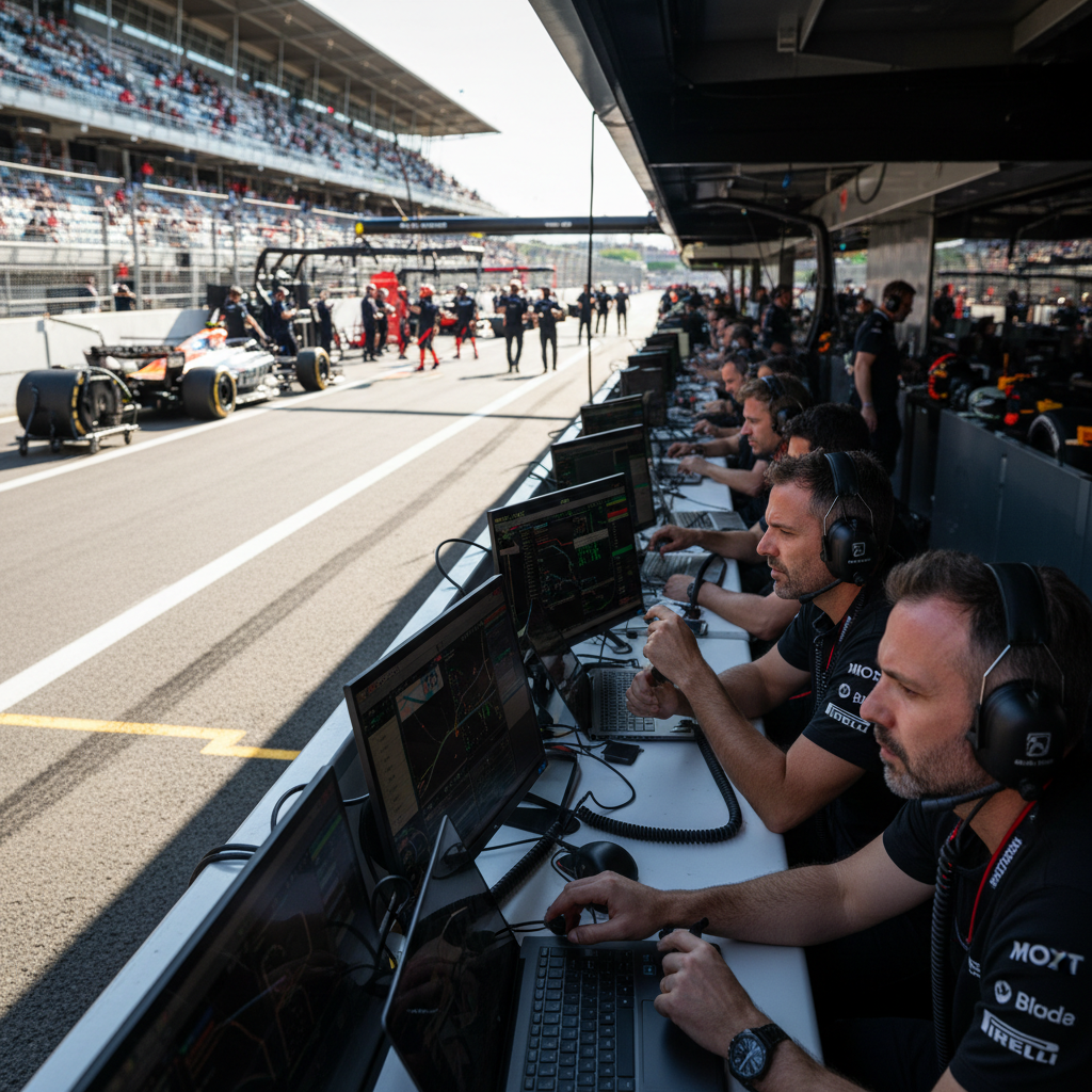 Pit wall view during qualifying with engineers monitoring live telemetry screens